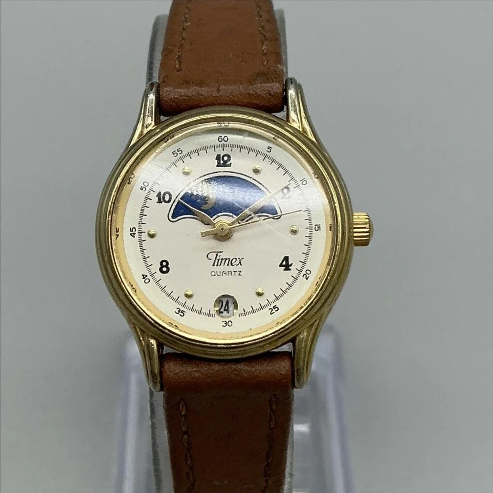 Vintage Timex Womens Watch 24mm Moon Phase Date Brown Leather New Battery